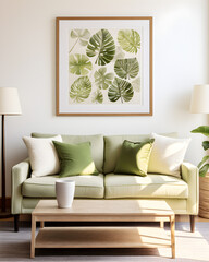  Sala de estar de colores brillantes con un cuadro enmarcado frente a un sofá verde, al estilo del simbolismo tropical.