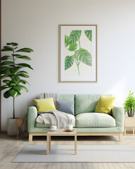 Una sala de estar de colores brillantes con un  sofá verde, al estilo del simbolismo tropical, verde claro y gris claro, fondo blanco, líneas limpias