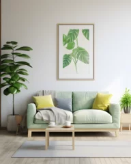Foto op Canvas Una sala de estar de colores brillantes con un  sofá verde, al estilo del simbolismo tropical, verde claro y gris claro, fondo blanco, líneas limpias © Tamara