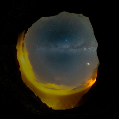 astrophotography of the milky way crossing the sky, mini planet
