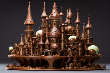 A fantastical chocolate structure stands tall, its design reminiscent of fairy-tale castles, with ornate cocoa turrets capturing the imagination. - obrazy, fototapety, plakaty