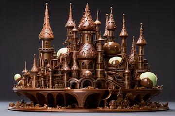 Fotobehang A fantastical chocolate structure stands tall, its design reminiscent of fairy-tale castles, with ornate cocoa turrets capturing the imagination. © Davivd