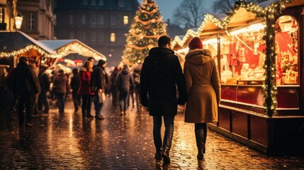 A romantic couple walks through Christmas fair - obrazy, fototapety, plakaty