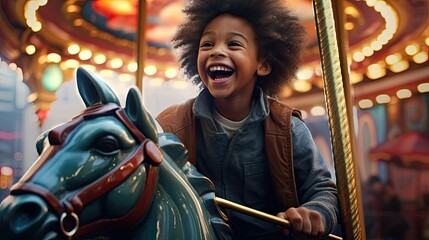 Fototapeta na wymiar A young kid has fun on a carousel in an amusement park