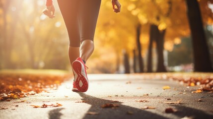 Perspective of a woman's legs while jogging in a park