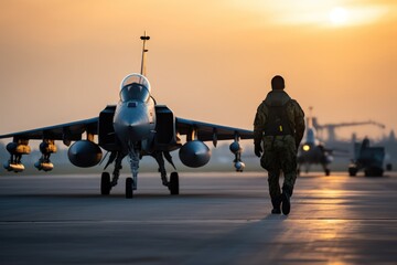 Back view of a fighter pilot walking to aboard jet fighter on airfield during sunset light. Modern warfare concept.