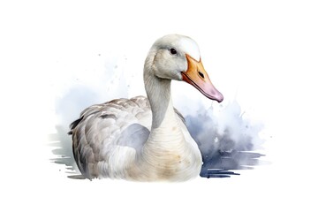 watercolor goose in the water with splashes on white background