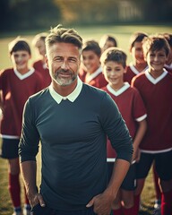 Football / Soccer coach and young players in the background - obrazy, fototapety, plakaty