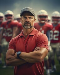 Football coach and young players in the background