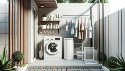 Illustration of a typical backyard laundry space in a home. The design includes a single modern washing machine against a wall, with a stainless-steel drying rack beside it.  - obrazy, fototapety, plakaty