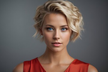 surprised attractive blonde woman in light red dress with short hair on solid grey background. Generative AI.