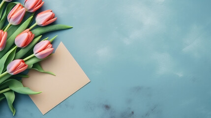 Tulips on a blue textural background with a letter