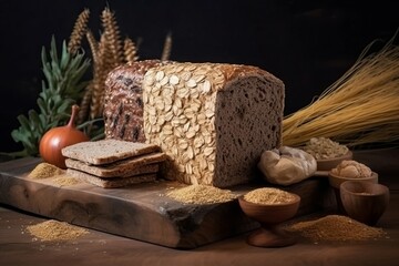 Fototapeta na wymiar Whole grain bread food. Snack slice healthy tasty seed. Generate Ai