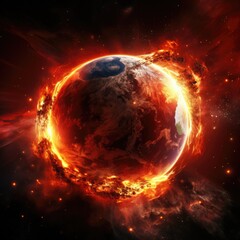 Fire planet burning in space. Global catastrophe concept illustration.