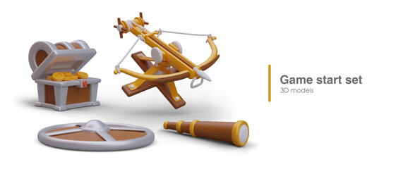 3d start set for online computer game. Realistic crossbow toy, open treasure chest with collection of gold coins, shield and spyglass. Vector illustration with place for text - obrazy, fototapety, plakaty