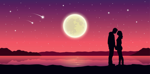 romantic night couple in love at the lake with full moon and falling stars vector illustration EPS10 - obrazy, fototapety, plakaty