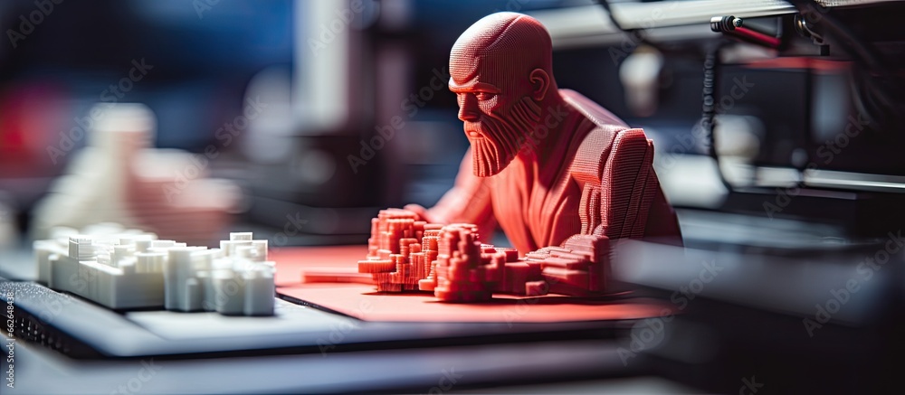 Poster close up macro of a figure being printed by a modern ai printer