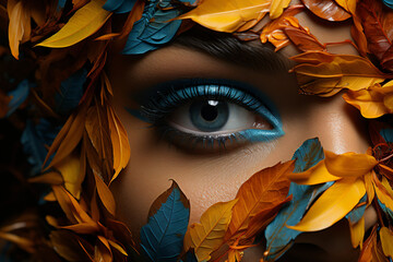 Young woman's face surrounded by colorful leaves. Woman eyes with Natural makeup, Natural cosmetic and wellness concept. Purity and skincare