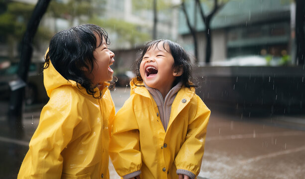 Photo of Asian kids in yellow coats on the rain