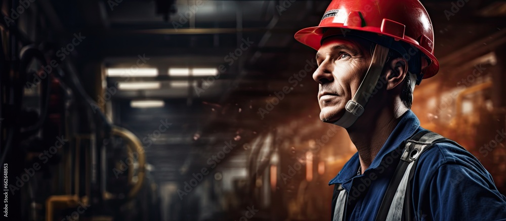 Poster focused worker wearing a hard hat in a busy factory with copyspace for text