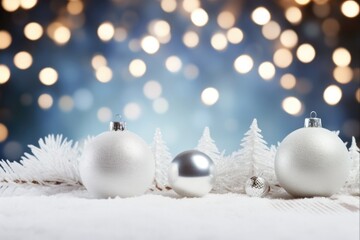 Merry Christmas Ornament. Winter Decoration Background with Christmas White Decorations, Snow, and Fir Tree Branches
