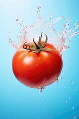 Fresh red tomato with splash fly in the air on blue pastel background.
