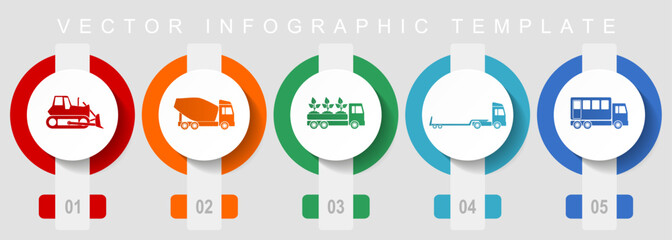 Transport flat design icon set, miscellaneous icons such as bulldozer, concrete mixer, truck and delivery, vector infographic template, web buttons collection © Alex White