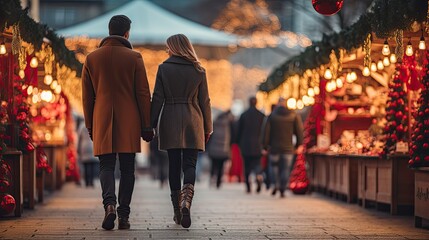 Rear view of couple walking through Christmas market. Generative AI