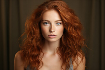 Fototapeta premium Portrait of a redhead woman with beautiful. and perfect skin, cosmetics, skincare, makeup, wellness concept with empty copyspace for text 