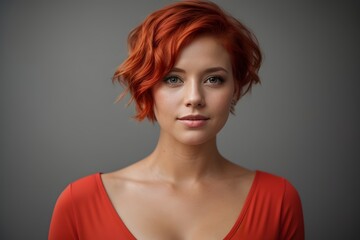 attractive redhead woman in light red dress with short hair on solid grey background. Generative AI.