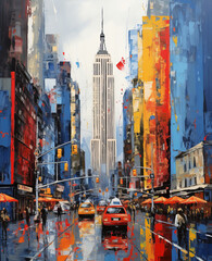 Lamas personalizadas con tu foto New York City, in the impasto painting style, cheerful colors, light navy and red. ideal for decoration of travel agency, hotels. vacation, destination concept. vertical composition