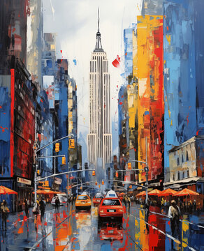 Fototapeta New York City, in the impasto painting style, cheerful colors, light navy and red. ideal for decoration of travel agency, hotels. vacation, destination concept. vertical composition