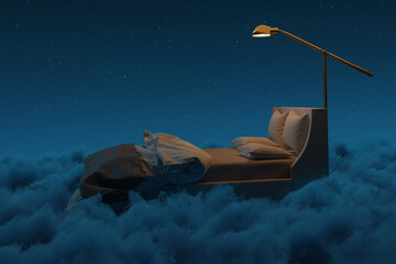 3D rendering of cozy bed illuminated by lamp. The bed flying over fluffy clouds at night