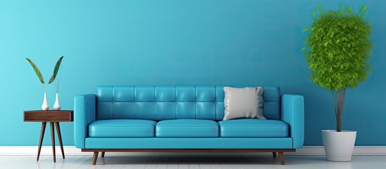 Blue living room with dark blue couch and wooden decor With copyspace for text