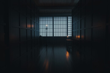 3d rendering of japanese wooden corridor with shoji sliding doors at night - obrazy, fototapety, plakaty
