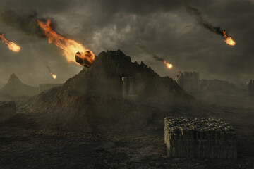 3D rendering of falling fireball meteors on dystopian landscape