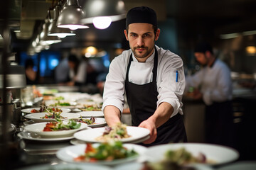 A seasoned chef oversees a busy restaurant kitchen where plates of perfectly prepared dishes are being sent to eager diners by attentive staff