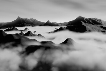 3D rendering of black and white landscape with hills and mountains covered by fog