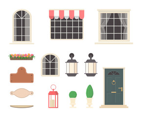Create your own home. Constructor of house elements from dark door, windows, lanterns, plants, signs. On white background. Exterior concept for house. Vector illustration. Cartoon flat style
