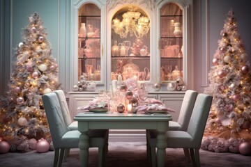 Fototapeta na wymiar Festive christmas table setting for party. Light pastel color. christmas tree