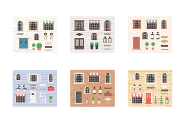 Set of elements for house builders. Collection includes doors, windows, lanterns, plants, signs. Exterior concept for house. Cartoon flat style. Vector illustration