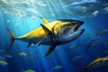 Illustration of yellow tuna fish swimming in the deep blue sea - obrazy, fototapety, plakaty