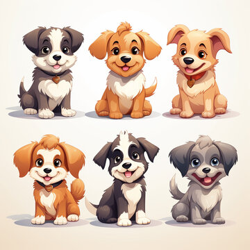 Set of cute cartoon dogs on a white background. Vector illustration.