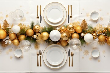 Christmas table setting with dishware, silverware and decorations on festive table. Top view.