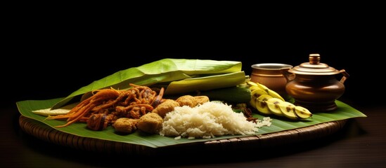 Eating Ona Sadya in banana leaf during Onam festival in Kerala With copyspace for text