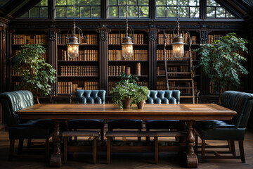 Long table with chairs in the library room with bookshelves in the background, and a large window