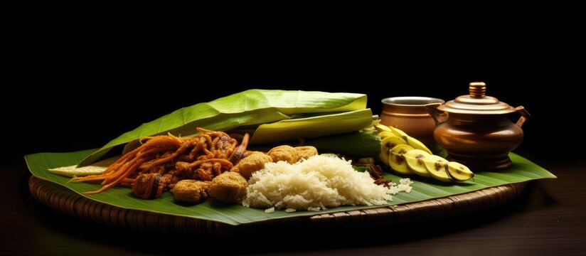 Eating Ona Sadya in banana leaf during Onam festival in Kerala With copyspace for text