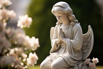 Angel statue with white roses in the cemetery.Religious background 