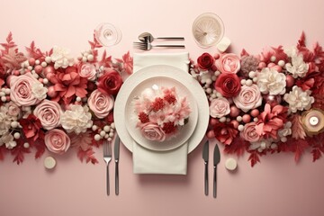 Christmas table setting with dishware, silverware and decorations on festive table. Top view.