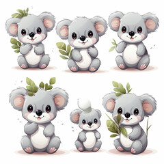 Cute koala cartoon character set. Vector illustration isolated on white background.